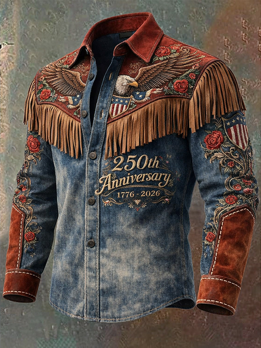 Men's Retro Western Style Art Print Vintage Tassel Casual Long Sleeve Shirt